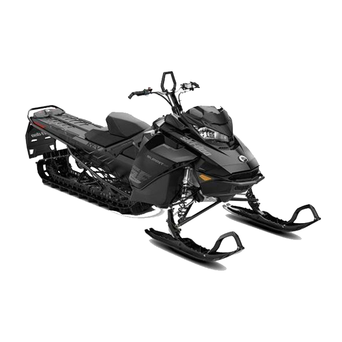 A black snowmobile is on a white background.