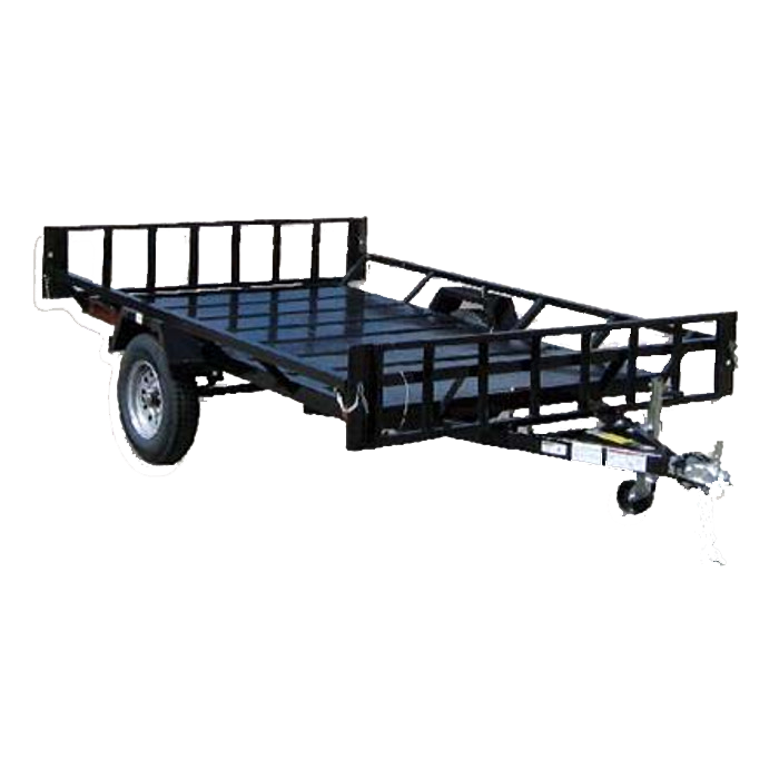 A black trailer is sitting on top of a white surface.