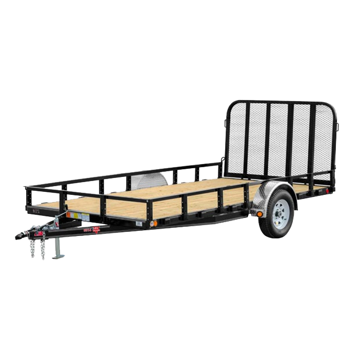 A small trailer with a wooden deck on a white background.