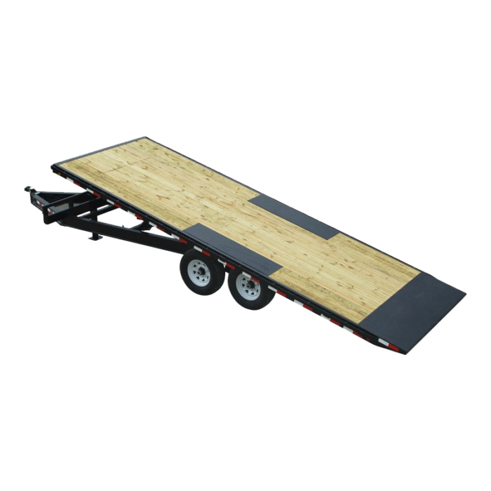 A flatbed trailer with a wooden deck on a white background