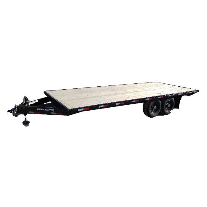 A flatbed trailer with two tires on a white background.