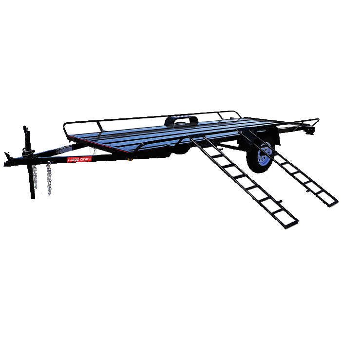 A motorcycle trailer with stairs attached to it on a white background.