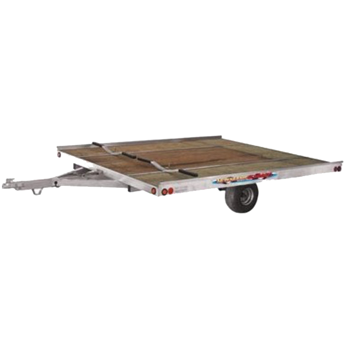 A trailer with a wooden deck and wheels on a white background.