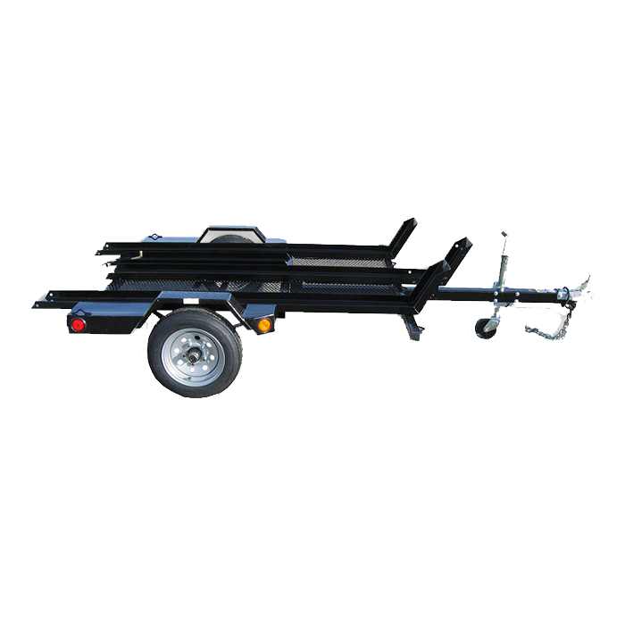 A black trailer with a motorcycle on it on a white background.