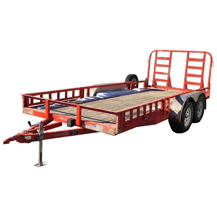 A red trailer with two tires on a white background.