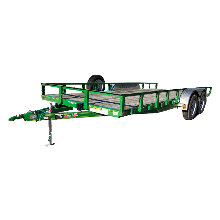 A green trailer with a wooden deck on a white background.