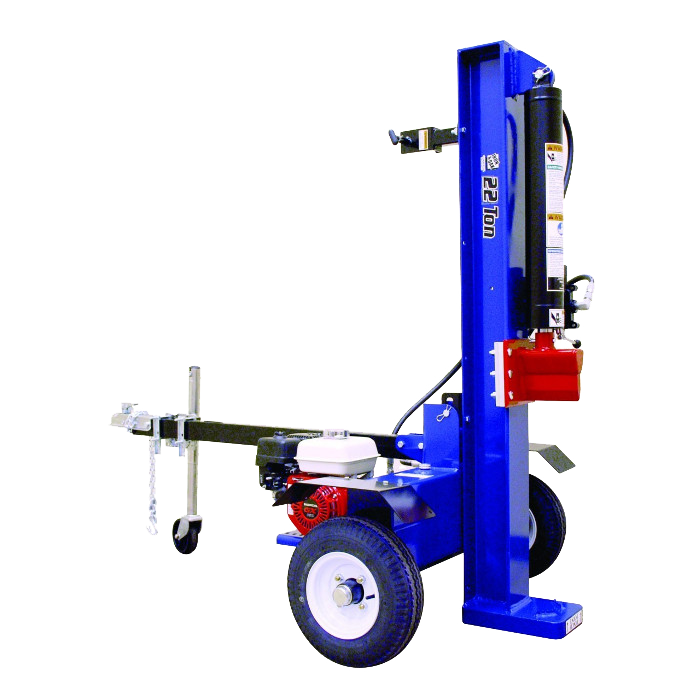 A blue log splitter with wheels on a white background
