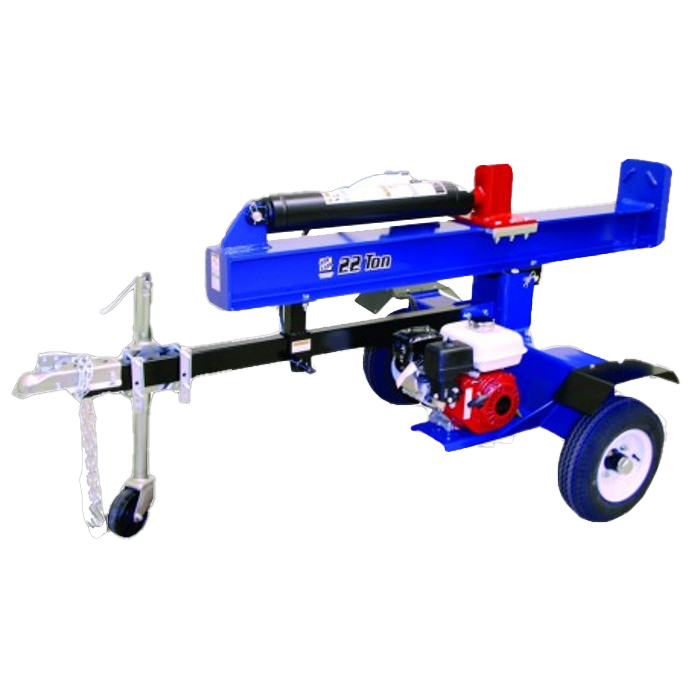 A blue and red log splitter is on a trailer.