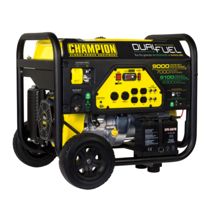A yellow and black champion generator with wheels