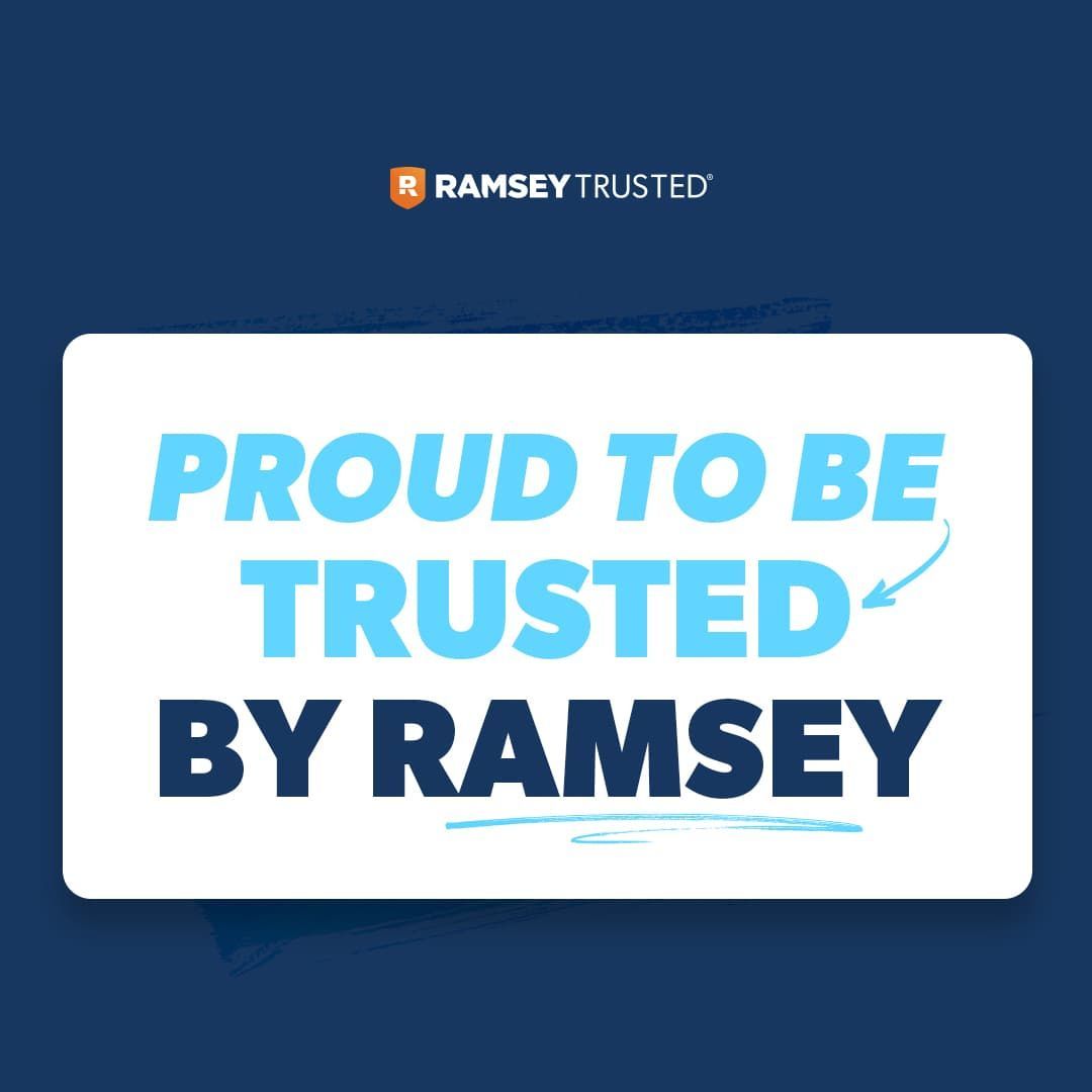 Blue and white graphic: Proud to be trusted by Ramsey text with Ramsey Trusted logo.