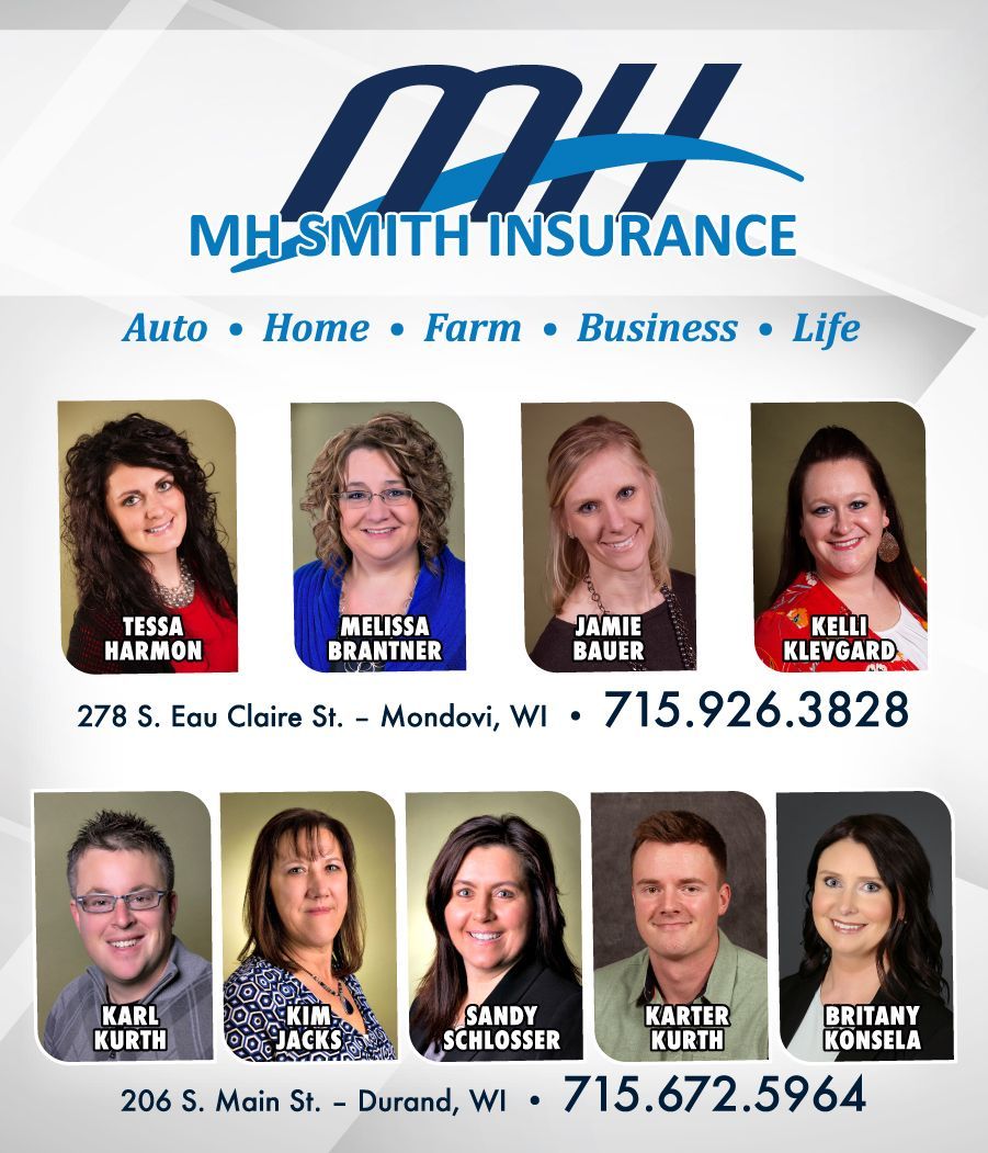 MH Smith Insurance ad with photos of staff and contact information.