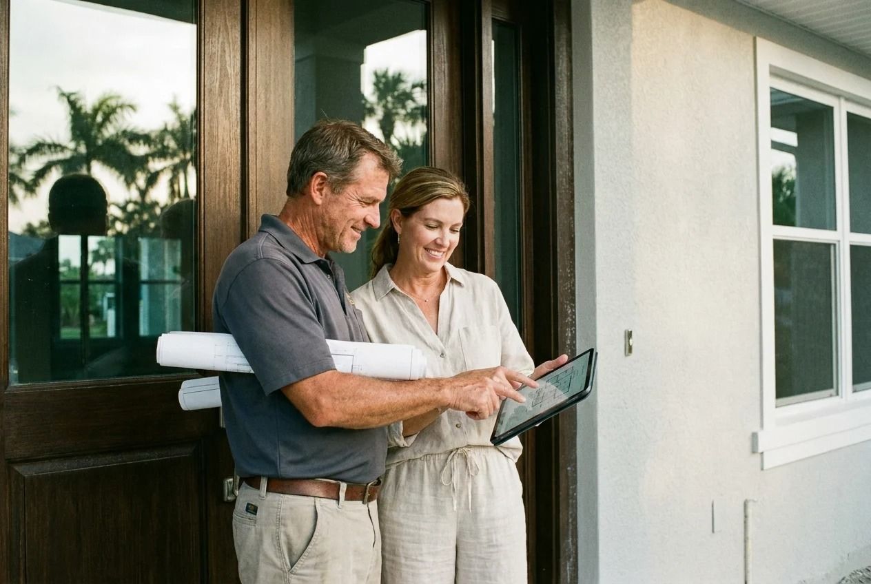 Two people reviewing a document on a porch beside a house.