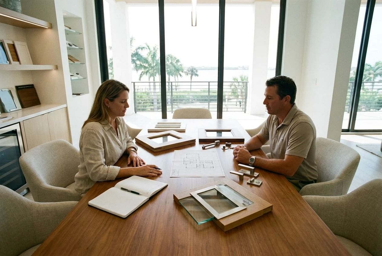 Two people in a bright office meeting across a wooden table with papers and a tablet