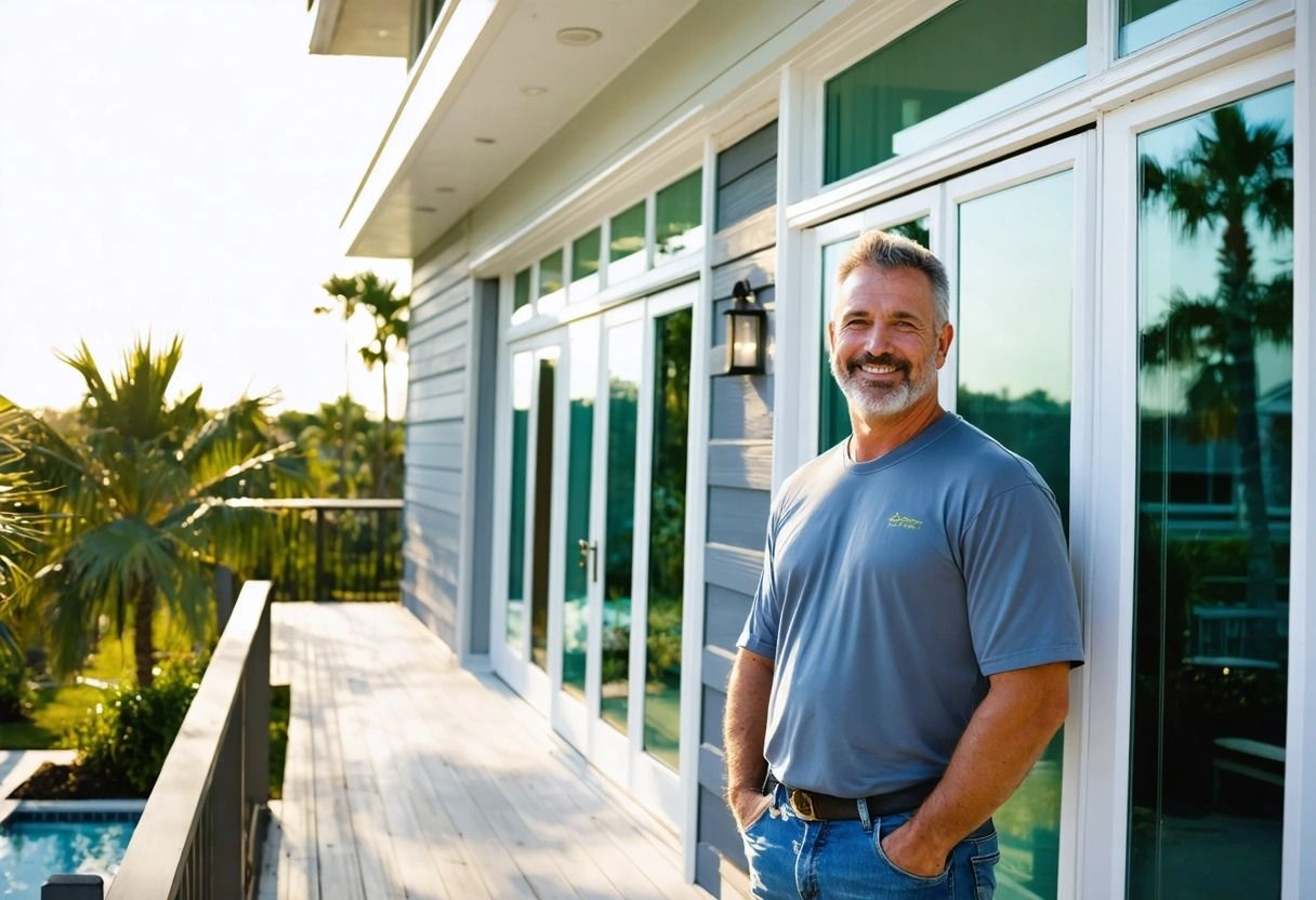 Man standing on a sunlit balcony beside glass doors with palm trees in the background