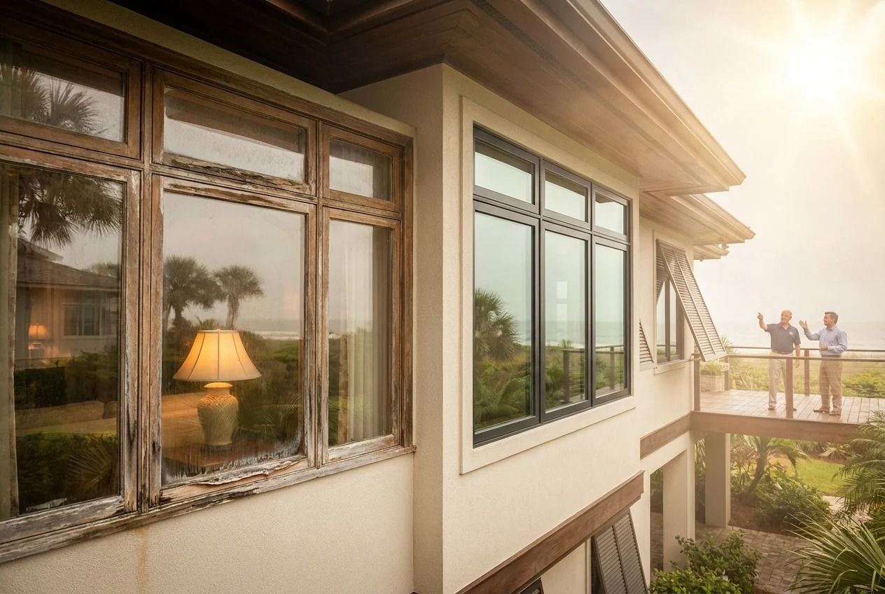 Sunlit modern house exterior with large windows reflecting a warm lamp and people on a balcony