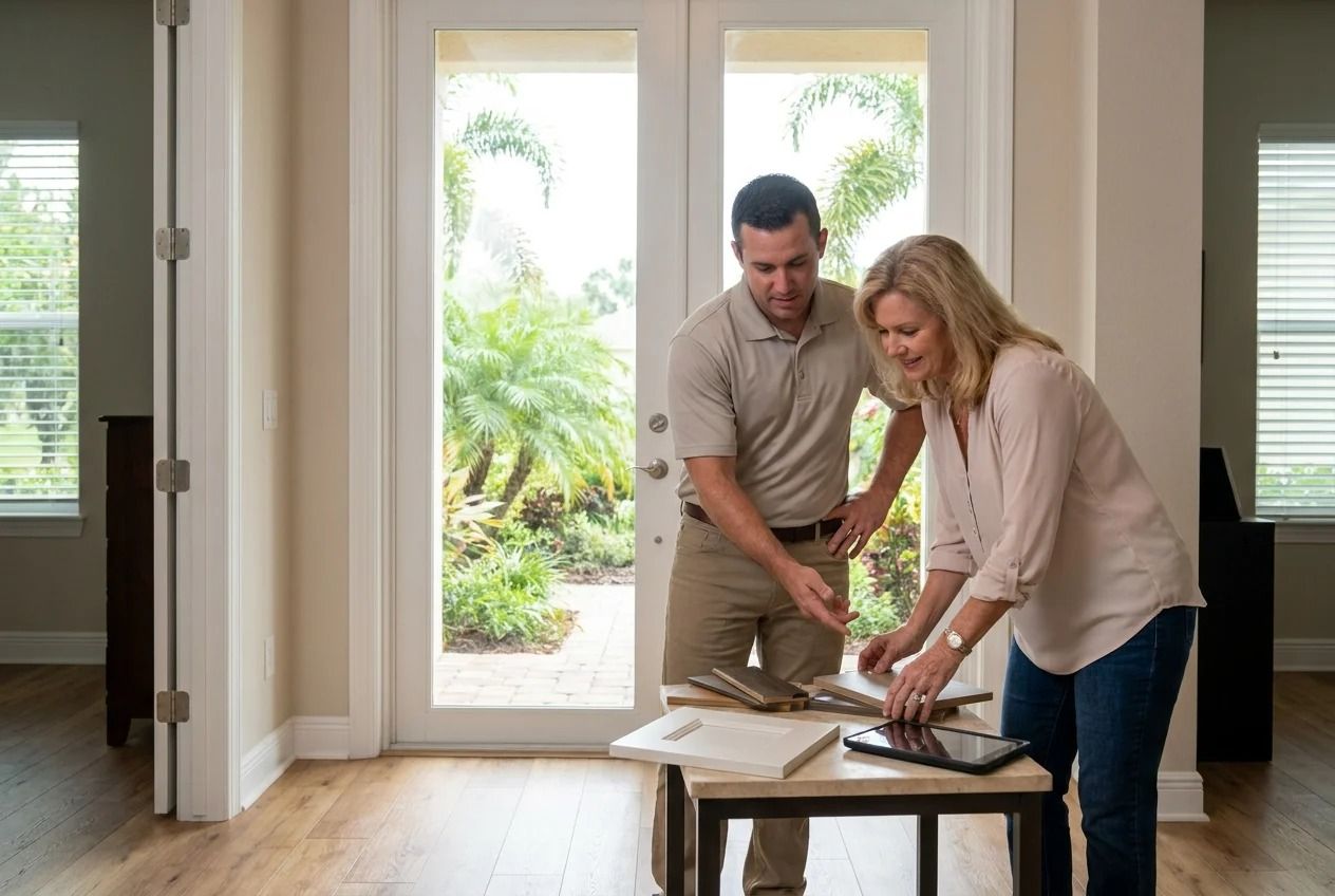Two people reviewing house plans at a table in a bright, empty home