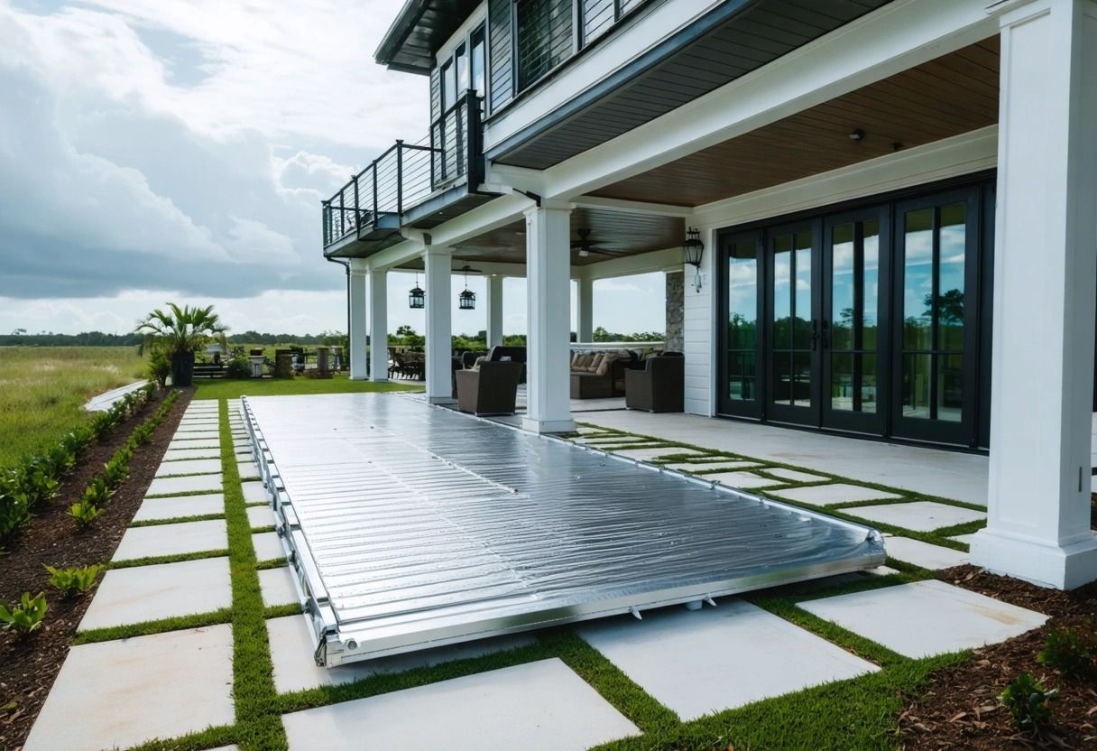 Modern house with large glass doors, white columns, and a gray deck beside a grassy field