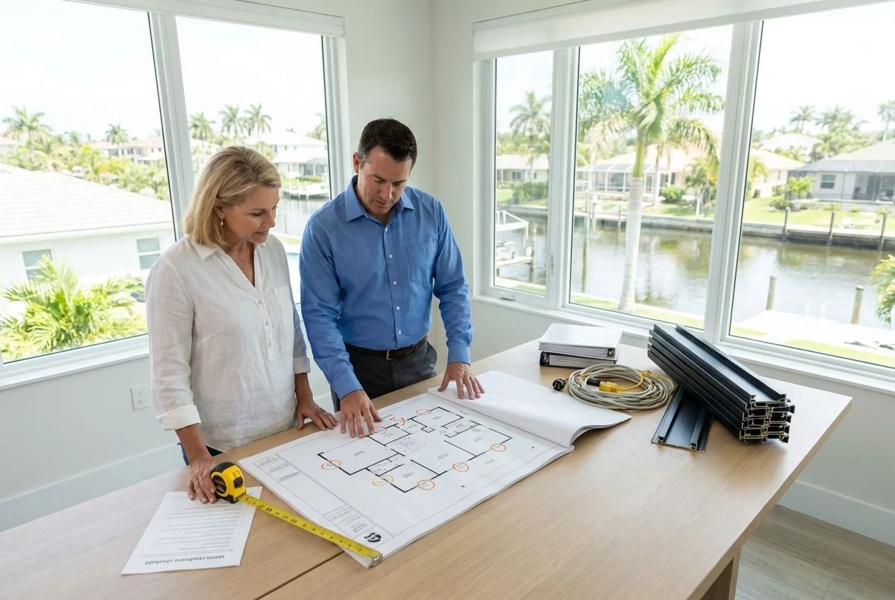 Two people reviewing house plans on a table in a bright room with large windows