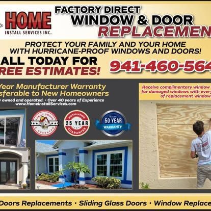 Home Window & Door Replacement ad with phone number, warranty badges, and before-and-after home photos