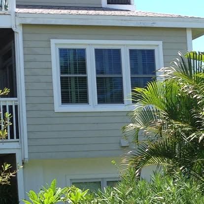 Light gray house siding with white-framed windows and palm leaves in front