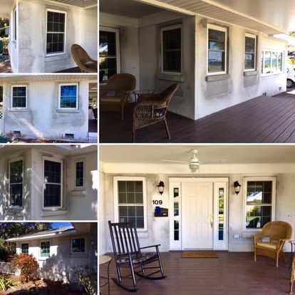 Front porch and entryway collage of a white house with windows, wooden deck, chairs, and a rocking chair