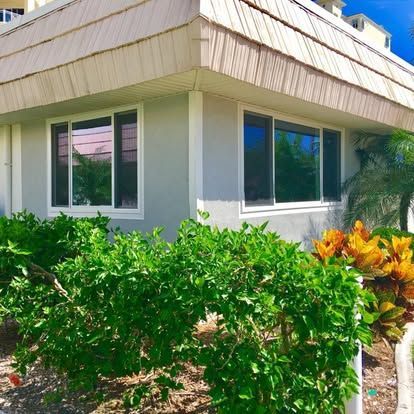 Corner of a beige building with windows, surrounded by lush green shrubs and colorful tropical plants.