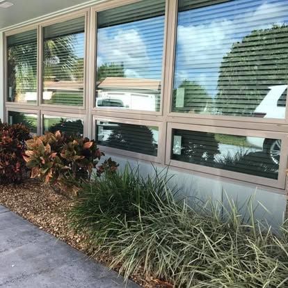 Building windows with shrubs and ornamental grasses along a concrete walkway