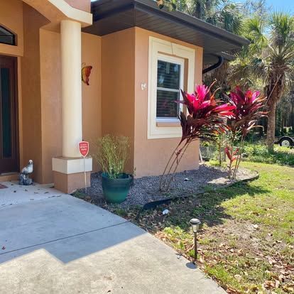Front porch of a tan house with white trim, potted plants, and a red-leaf shrub beside a concrete walkway