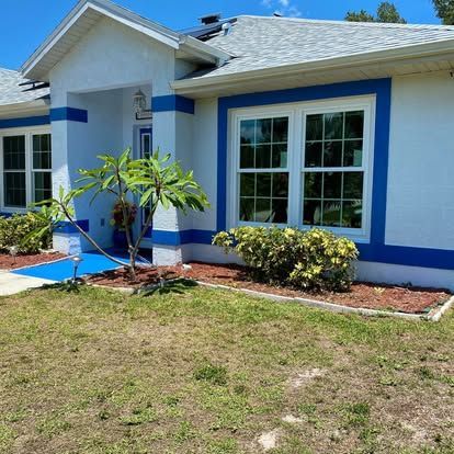 White house with bright blue trim, large windows, and a small front yard with a young tree and shrubs