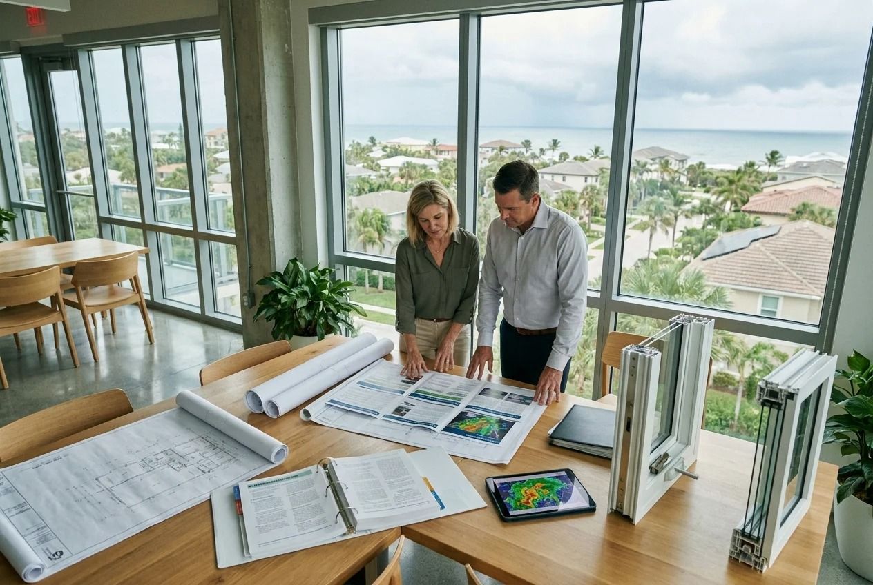Two people reviewing architectural plans at a table in a bright room with a panoramic ocean view.