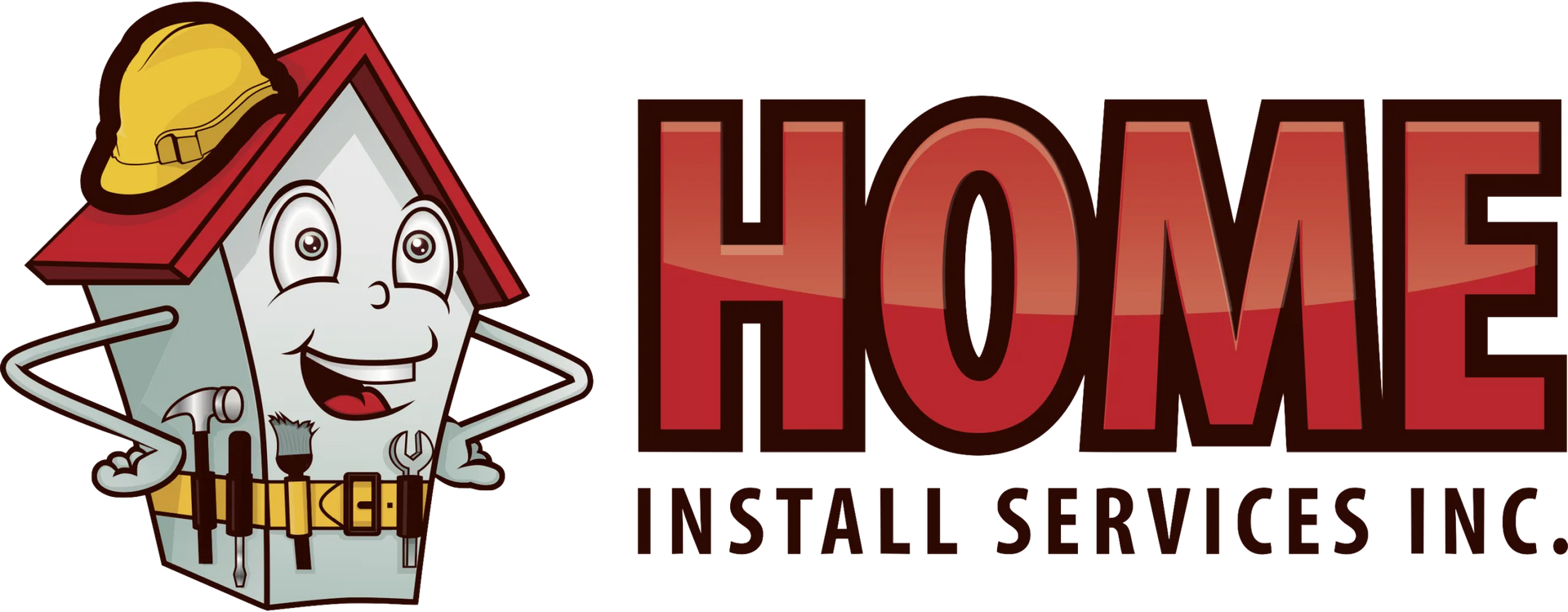 Logo for Home Install Services Inc. with a smiling house mascot and red text