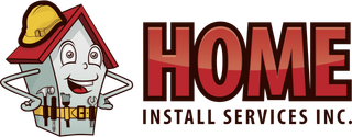 Logo for Home Install Services Inc. with a smiling house mascot and red text