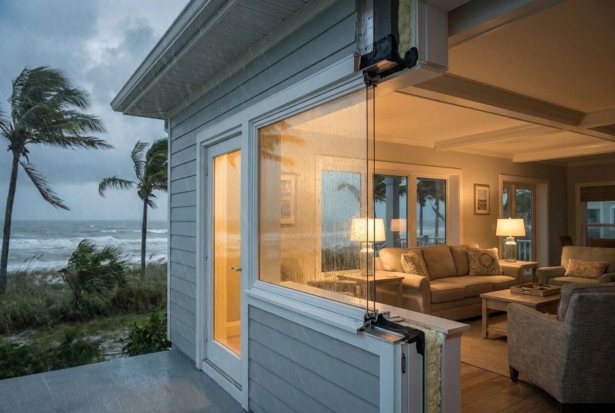 Coastal house living room with open wall, warm interior lights, and stormy beach view outside
