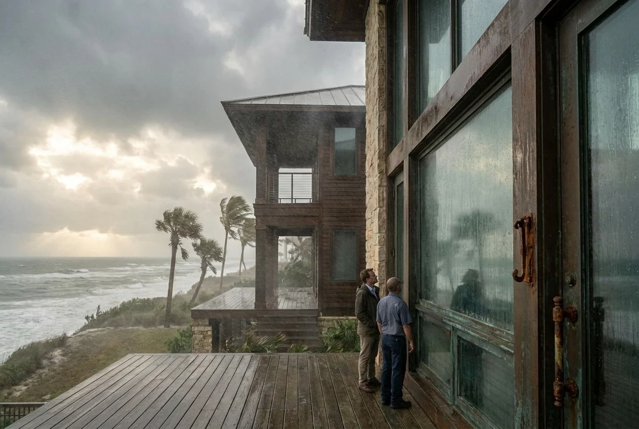 Two people stand on a deck by large windows overlooking a stormy seaside coast.