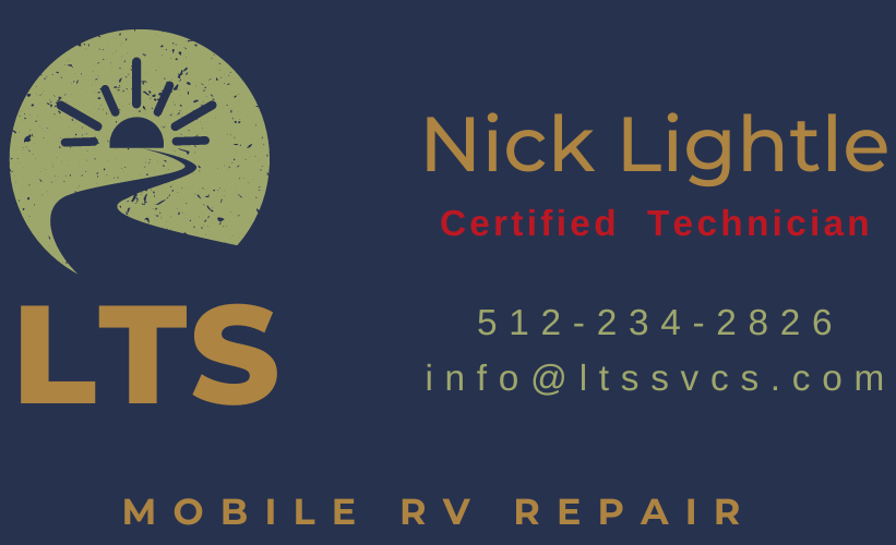 Business card for Nick Lightle, a mobile RV repair technician. The card displays a logo, contact details, and the company name.