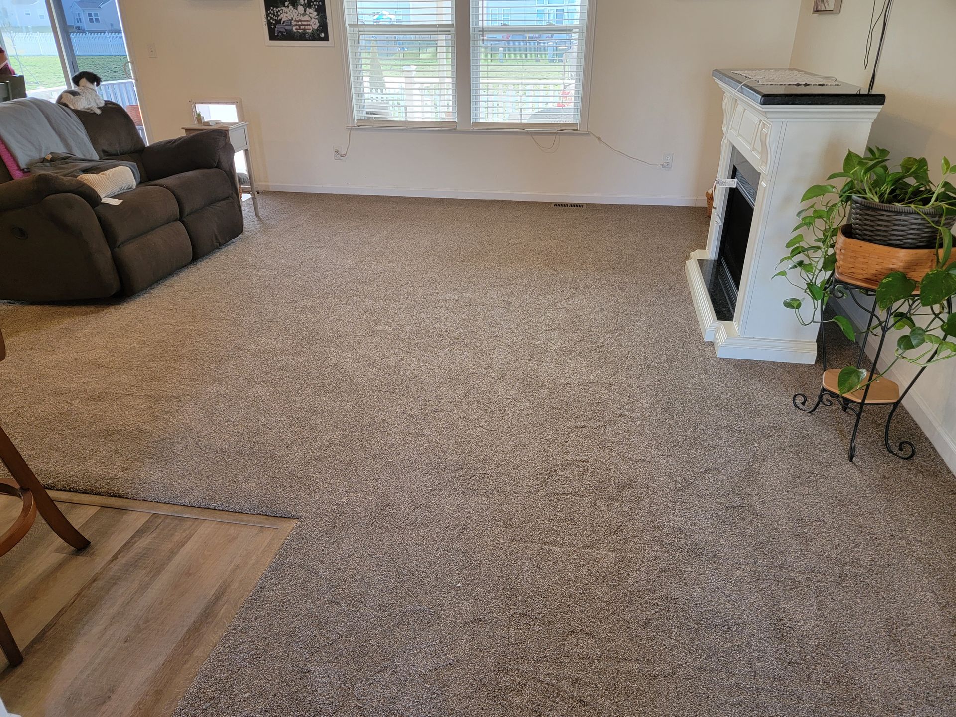 A living room with a couch , chair , fireplace and carpet.