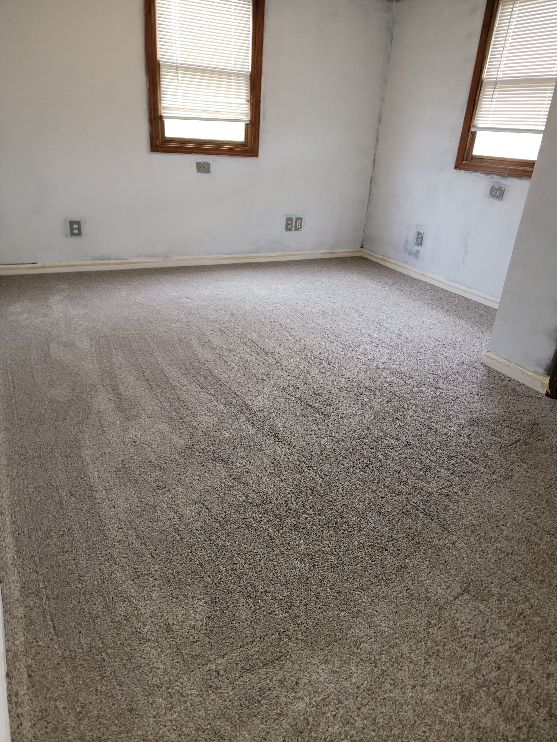 An empty room with a carpeted floor and two windows.
