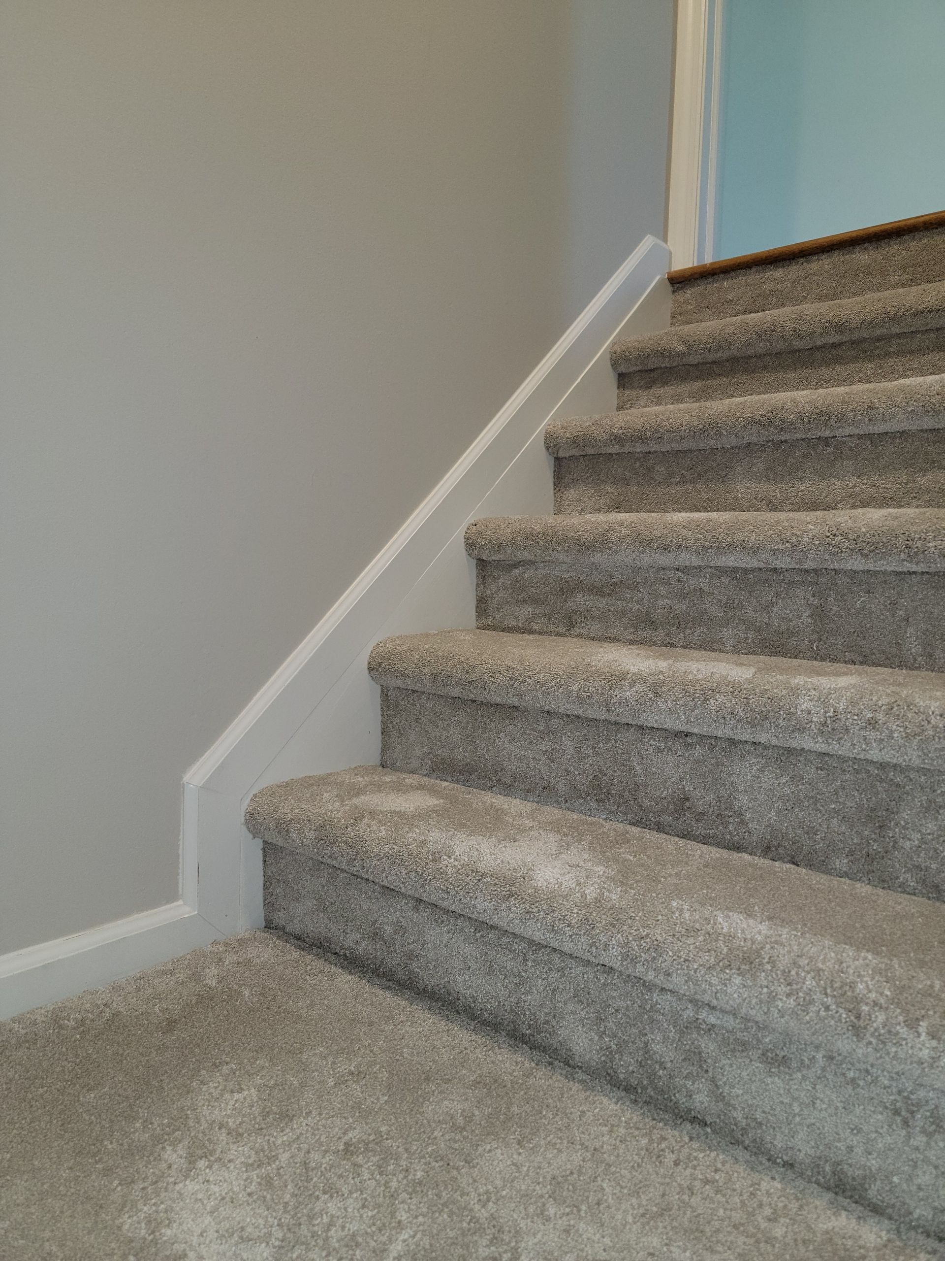 A set of stairs with carpeted steps and a white railing.