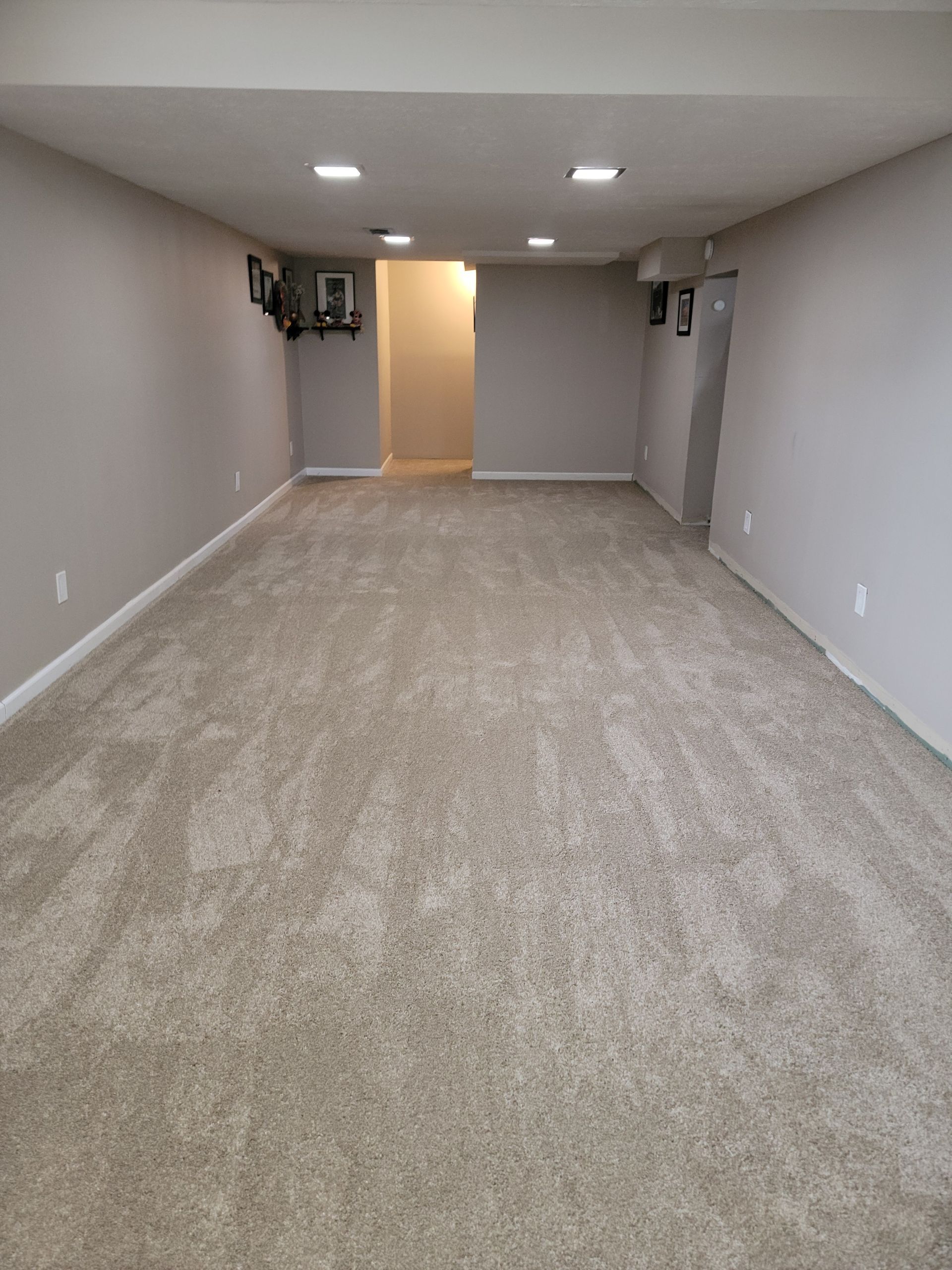 An empty basement with carpeted floors and walls.