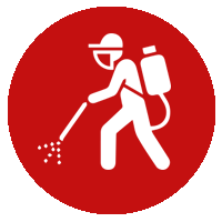 A white icon on a red circular background depicting a person wearing protective gear and spraying from a backpack tank.