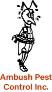 A cartoon ant tied with rope, looking distressed. Below is the text: Ambush Pest Control Inc.