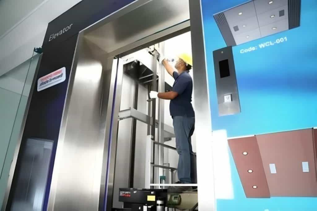 Worker inspecting an elevator shaft beside a blue elevator door panel
