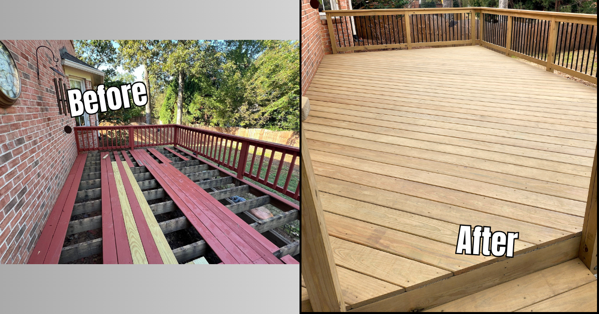 Before-and-after deck repair: worn red benches replaced with a smooth wooden deck and railings. Vinings, GA
