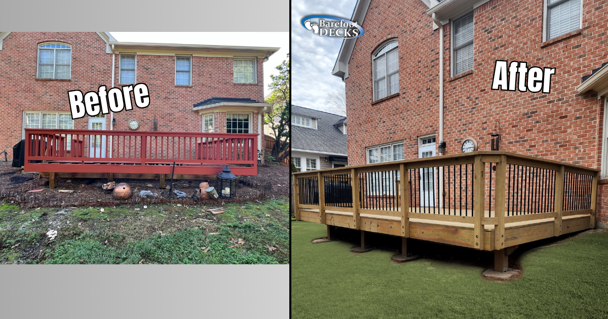 Before-and-after backyard deck renovation on a brick house, showing old red deck and new wooden deck. Vinings, GA