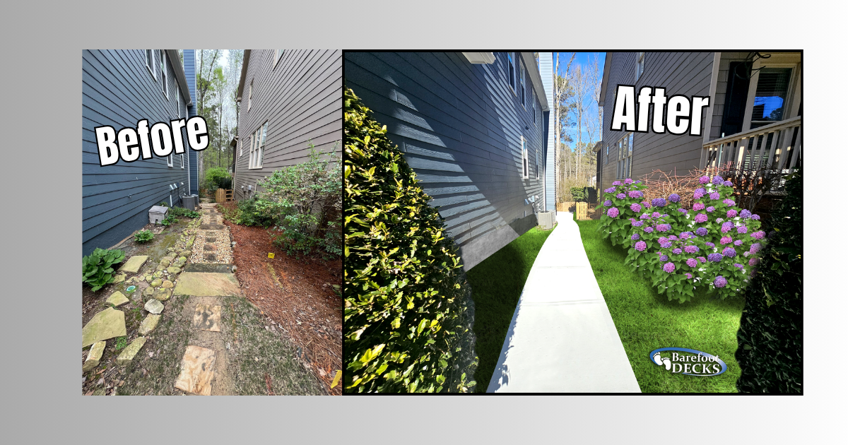 Before-and-after garden path makeover: narrow stone walkway becomes a clean white path beside flowers and ivy. Canton, GA