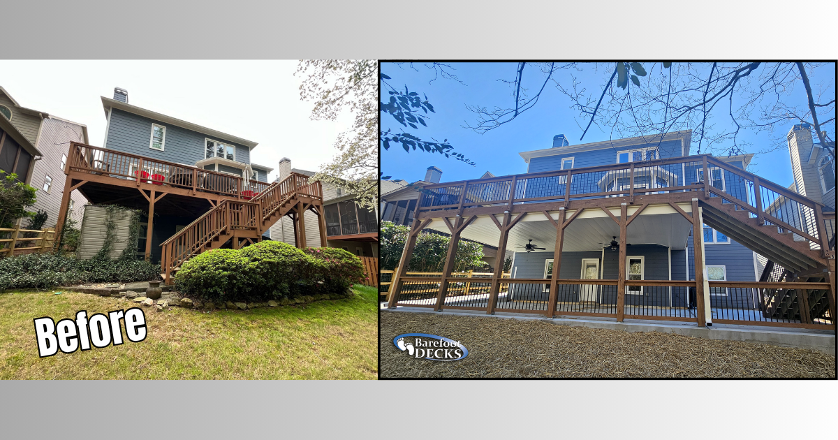 Before-and-after of a house exterior renovation with wooden deck and stairway construction. Canton, GA