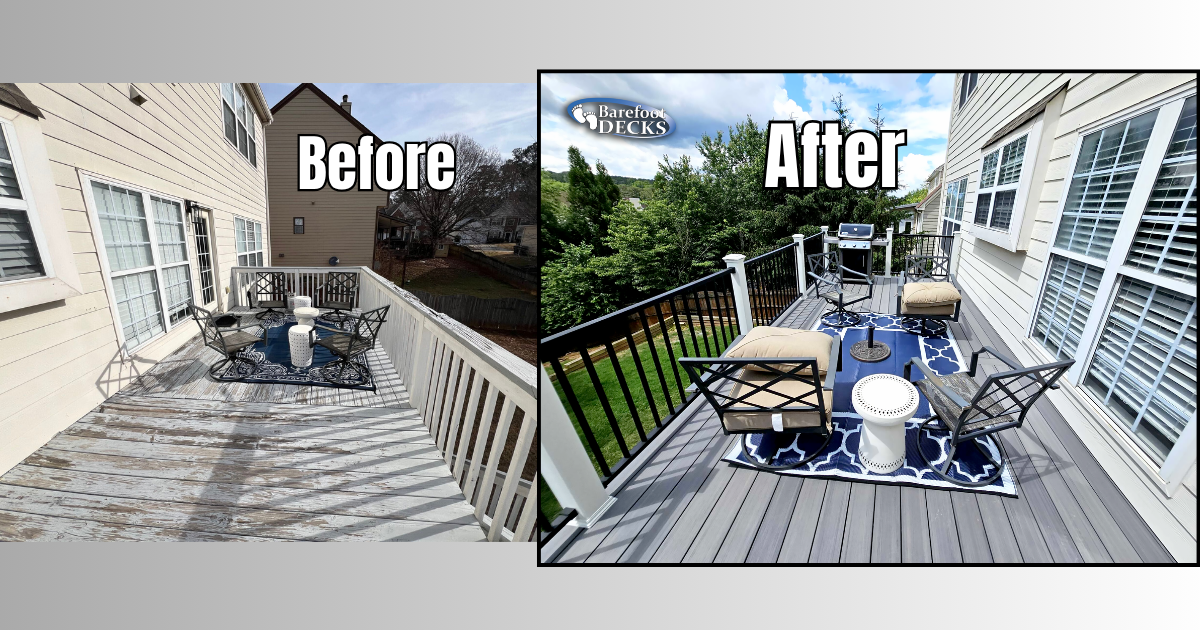 Before-and-after of a deck cleanup: cluttered patio transformed into a neat seating area with blue chairs and table. Kennesaw, GA