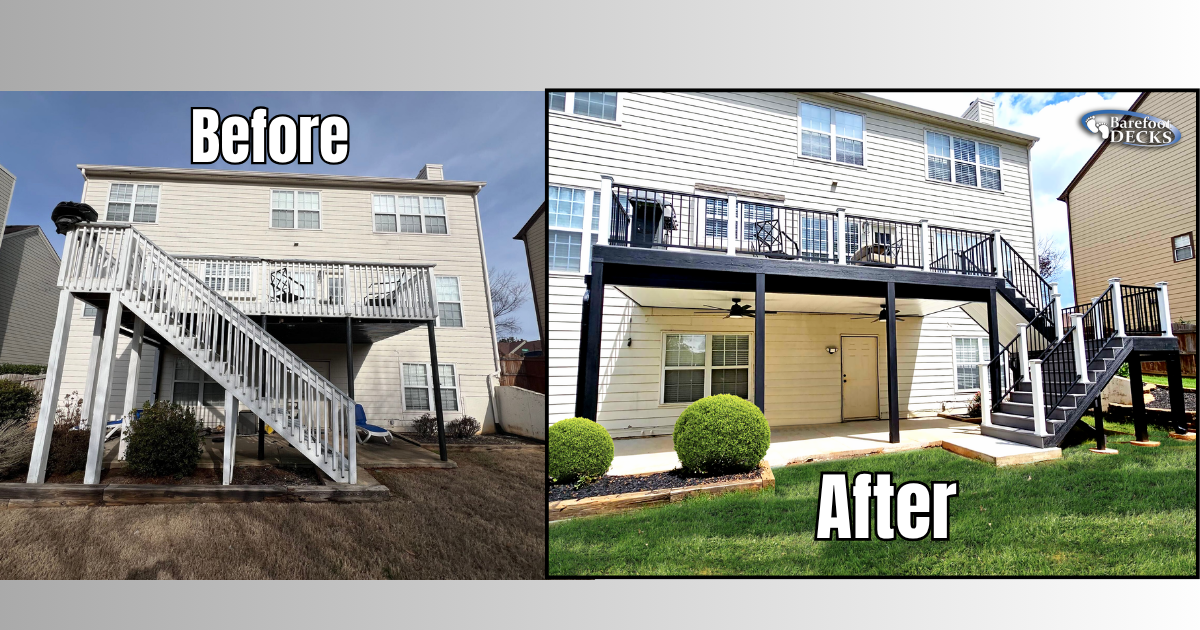 Before-and-after exterior of a house, showing a worn stairway replaced with a clean new deck and stairs. Kennesaw, GA