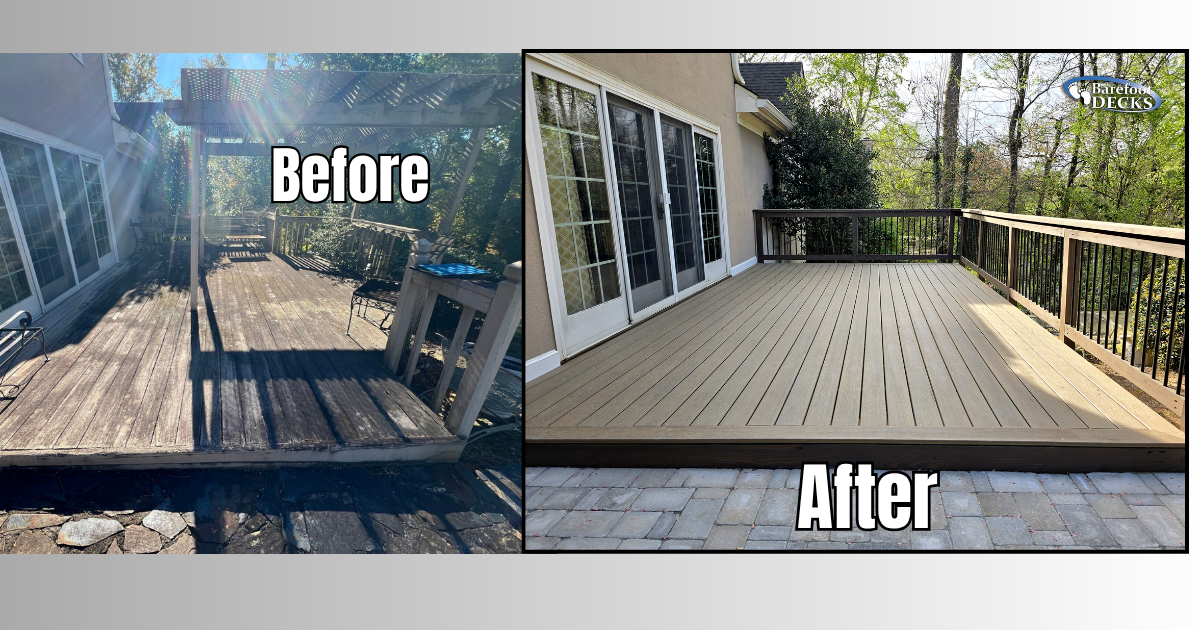 Before-and-after of a worn wooden deck replaced with a clean beige composite deck and railing. Milton, GA