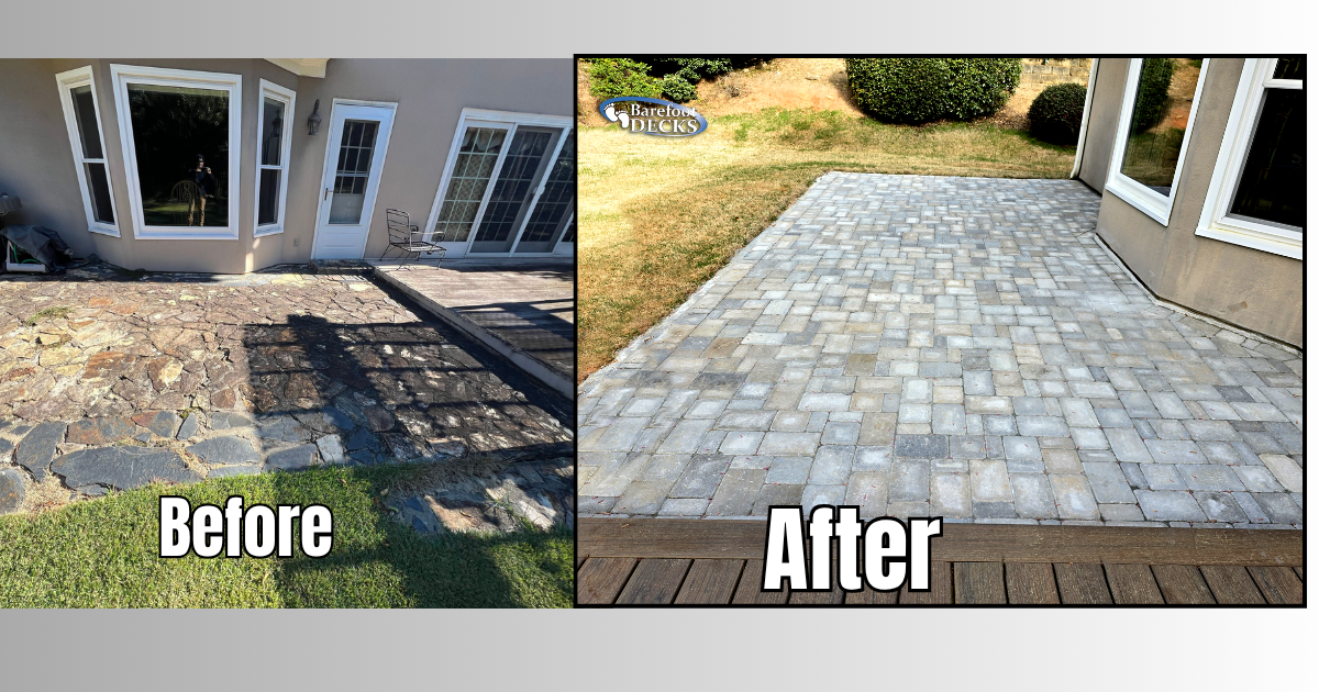 Before-and-after of a stone patio replaced with a smooth gray paver walkway beside a house. Milton, GA
